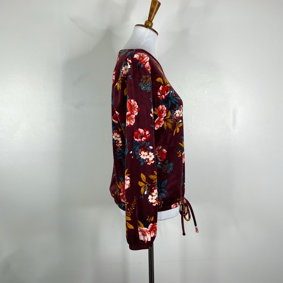 LOFT Velour Top Maroon Floral w/Drawstring Sz. S - Picture 5 of 9